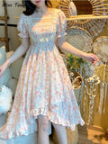 Kukombo Summer Floral Print Dress Women Lace Boho Kawaii Party Dress Female Casual Korean Fashion Holiday Lolita Elegant Midi Dress 2022 K97