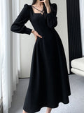 Kukombo Fashion Elegant Casual Midi Women Party Black Dress Business Vintage A-Line Slim Prom Vestidos Femme Clothes Robe New