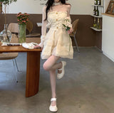 Kukombo Sweet Fairy Corset Mini Dress Women Casual Lace Strapless Dress Even Party Office Lady Elegant One Piece Dress Korea Summer