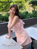 Kukombo Pink Sweet Fairy Dress Women Ruffles Design Sexy Party Mini Dress Female 2022 Spring Elegant Princess Casual Korean Strap Dress