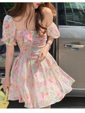 Kukombo Elegant Floral Print Chiffon Beach Dress Women Vintage Puff Sleeve Slash Neck Backless Fairy Dresses Vacation Casual Mini Dress