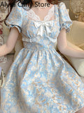 Kukombo Kawaii Lolita Fairy Dress Women 2022 Summer Patchwork Japanese Sweet Party Dress Female Bow Lace Retro Korean Fashion Mini Dress