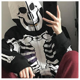 Thanksgiving Gift Y2K Gothic Zip Up Hoodies Women Punk Oversized Skull Skeleton Print Sweatshirts Black Hip Hop Loose Tops Jacket Grunge
