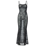 Cyber Monday Sales Summer Zebra Pattern Print Sexy Clubwear Sleeveless Long Dress Mesh See Through Backless Mermaid Black Dresses For Women Clothes