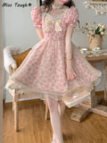 Kukombo Lace Lolita Print Dress Women French Y2K Patchwork Sweet Party Mini Dresses Female Pink Bow Summer Floral Kawaii Dress 2022 New K107