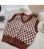 Kukombo  2022 Winter Plaid Sweater Vest Women Autumn/Winter Retro Loose-Fitting Pullover Sleeveless Shoulder Knitted Horse Clip Woman