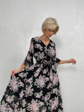 Kukombo Black White Yellow Pink Chiffon Floral Maxi Long Dresses V Neck Sexy Elegant Vintage Bandage Evening Party Dresses For Women