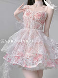 Kukombo Summer New Sweet Lace Floral Kawaii Princess Dress 2023 Japanese Cute Girl Thin Waist Mini A-line Birthday Party Evening Dress
