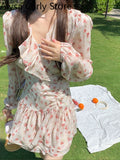 Kukombo 2022 Summer Casual Vintage Floral Dress Women Pink Elegant Ruffles Beach Fairy Dress Female Fashion Korean Evening Party Dresses