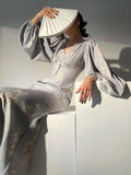Kukombo Slim Midi Dress 2023 Women Summer Fashion New Printing Elegant Evening Party Mermaid Dresses Long Sleeve V-neck Fmeale Clothing