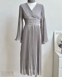 Kukombo  V Neck Flare Sleeve White Dress Fashion French Style Long Sleeve Dress for Women Elegant Chic Midi Vintage Dress