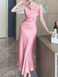 Kukombo Summer Elegant Bodycon Women Dress Sleeveless Casual Satin Solid Vintage Party Robe Female Fashion Prom Vestidos New