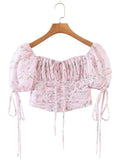 Kukombo Summer Women Pink Shirt Ladies Ruffles Puff Sleeves Back Zipper Print Slim With Belt Vintage Vocation Short Crop Shirt