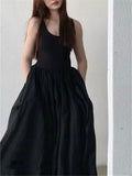 Kukombo Black Long Tank Dress Women Spring Summer O Neck Floor-length Office Lady Casual Pockets Dresses 2023 New Female Clothing