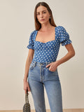 Kukombo Summer Women Blue Polka Dot Print Shirt Retro Elastic Ruched Back Square Collar Short Sleeve Short Blouse Tank Tops