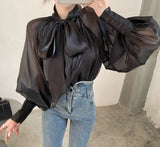 Kukombo Back to school outfit Women Shirts Spring Autumn French Temperament Female Bow-Tie Shiny Feeling Slightly Transparent Loose Blouse