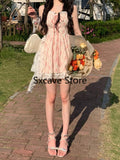 Kukombo  Sweet Fairy Floral Short Party Dress Women Beach Style Kawaii Clothing Lolita Y2k Mini Strap Dress Elegant Summer Korean