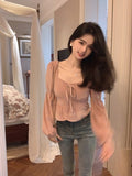 Kukombo Winter Pink Elegant Blouse Women Bow Solid Casual Designer Blouse Female Long Sleeve Korean Fashion Chic Slim Tops New