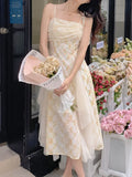 Kukombo Summer Lace Floral Sweet Midi Dress Women Korean Pearls Ruched Split Fairy Dress Female Irregular Hem Lace Mesh Cute Dress 2023