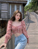 Kukombo Fashion Floral Chiffon Women's Shirt Sweet Square Neck Puff Sleeve Crop Tops Lace Up Long Sleeve Blouse Woman