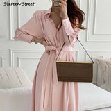 Kukombo Pink Chic Elegant Long Dress Woman With Sashes Single-Breasted White Vestido Woman Clothing Korean Vintage OL Dresses Female