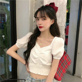 Kukombo Blouses Shirts Women Summer Puff-Sleeve Square Collar Solid Pleated Sweet Girls Crop-Top Korean Style Elegant Fashion Vintage