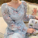 Kukombo Back to school outfit Romantic Chiffon Fairy Dress Woman Vintage Print Floral Square Collar Flare Sleeve Ruffles Midi Dress For Slim Lady Party Night
