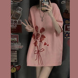 Thanksgiving Gift Y2K Korean Fashion Graphic Oversized T Shirts Women Sexy Floral Print Pink Tops Vintage Casual Loose Short Sleeve Tees