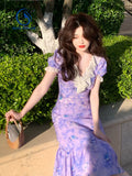 Kukombo Back to school outfit Korea Fashion Floral Dress Fairy Elegant Chic Ruffle Short Sleeve Casual Midi Dress Vintage Even Party Summer Dress Women 2023