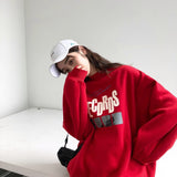 Kukombo Fleece Pullover Crewneck Sweatshirt Women Oversized Vintage Outfit Korean Style 90S Streetwear Winter Autumn Red Hoodie Women