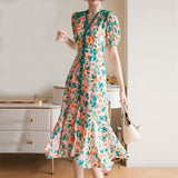 Kukombo  French Plus Size slim chiffon floral Dress 2022 Spring Summer mid-length V neck short-sleeved irregular fishtail Dress Women