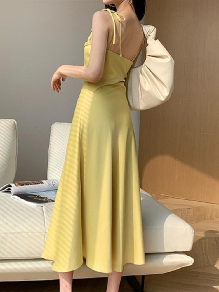 Kukombo Women's Summer Elegant Spaghetti Strap Midi Dress Solid Color A-Line Casual Party Sling Vestidos Female Fashion Backless Clothes