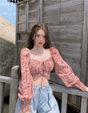 Kukombo Fashion Floral Chiffon Women's Shirt Sweet Square Neck Puff Sleeve Crop Tops Lace Up Long Sleeve Blouse Woman