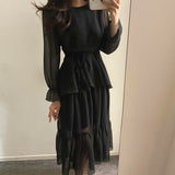 Kukombo New Elegant Apricot Dress For Women Clothing O-Neck 2022 Spring Lantern Sleeve Ruffles Dress Female Lace Up Loose Vestido