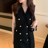 Kukombo Chic Tweed Black Dress Woman Fall 2022 V-Neck Golden Button Long Sleeve Vintage Elegant Dress Korean Business Women Clothing