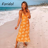 Graduation Gift Big Sale Sexy Criss Cross Backless Orange Women Summer Dress Swinging Collar Strapy Boho Flower Slip Midi Dress Green Beach Dress Solid