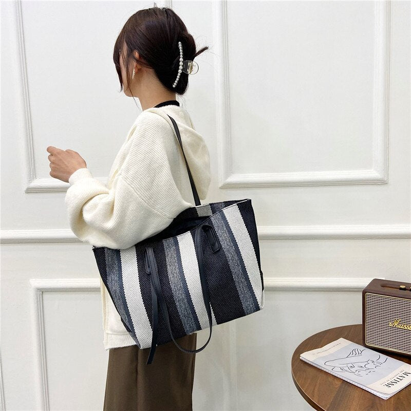 Luxury Design Stripe Linen Tote Women Shoulder Bags for Women Large Capacity Shopper Bag Messenger Bag Handbags bolsos de mujer K40