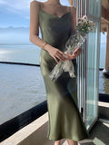 Kukombo Women's Spring Summer Satin Spaghetti Strap Midi Dress Elegant Sexy Solid Bodycon Beach Vestidos Female Fashion Party Clothes