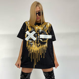 Kukombo 2022 Summer O Neck Y2K Print T Shirts Women Loose Fashion Casual Short Sleeve Graphic Black Top Tee Trendy Oversized