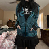Thanksgiving Gift Dourbesty 2000S Goth Mall Hoodies Women Full Sleeve Sweatshirts Harajuku Grunge Striped Print Zip Up Vintage Jackets Coat Autumn