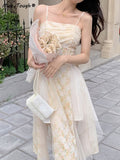 Kukombo Summer Lace Floral Sweet Midi Dress Women Korean Pearls Ruched Split Fairy Dress Female Irregular Hem Lace Mesh Cute Dress 2023
