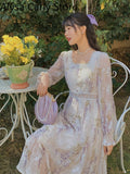 Kukombo Vintage Fairy Midi Dress Women 2022 Spring Elegant Princess Long Sleeve Floral Dress Female Court Retro Casual Lace Korean Dress