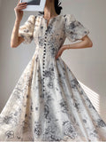 Kukombo Office Lady Elegant Floral Midi Dress Formal One Piece Dress Korean Party Beach Long Sleeve Casual Dress Woman 2024 Summer Chic