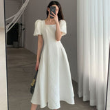 Kukombo French Vintage Elegant Loose White Dress Women Aesthetic Puff Sleeve Dresses Office Lady One Piece Dress Korean Fashion