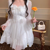 Kukombo Niggeey Japanese Elegant White Chiffon Y2k Mini Dress Summer Kawaii Bow High Waist Fairy Lolita Dress One Piece Dress Korean