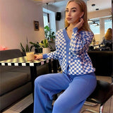 Kukombo Plaid Knitted Two Piece Women Sets Autumn Casual Tracksuit Outfits V Neck Knit Long Sleeve Sweater Pants Suits For Women 2023
