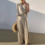 Kukombo Khaki Chic Sleeveless Tops And High Waisted Trousers Women Pant Sets 2022 Spring Summer Korean 2 Piece Sets Office Ladies