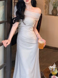 Kukombo Midi Dress Women Elegant Summer 2024 New Off Shoulder Collar Fashion Evening Vestidos Vintage Slim Clothes Female Korean Dresses