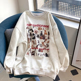 Kukombo Vintage Beige Fleece Pullover Cute Dog Crewneck Sweatshirt Korean Fashion Streetwear Oversized Long Sleeve Sweatshirt Women 2023