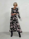 Kukombo Black White Yellow Pink Chiffon Floral Maxi Long Dresses V Neck Sexy Elegant Vintage Bandage Evening Party Dresses For Women